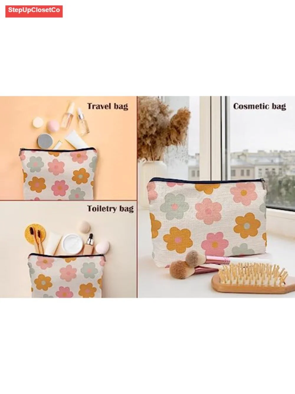 Retro Groovy Daisy Flowers Makeup Bag Cosmetic Case Zipper Pouch Toiletry